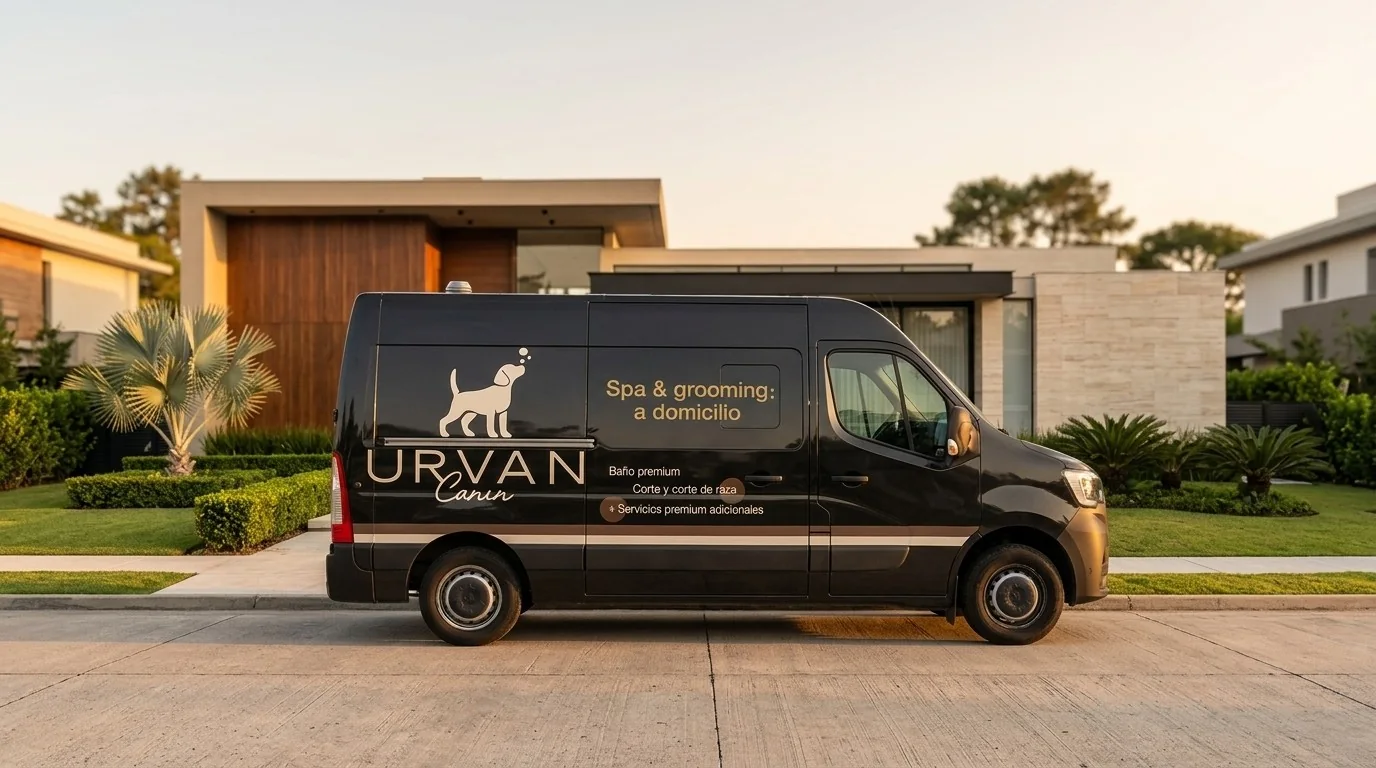 Van de Urvan Canin estacionada frente a una casa: baño y grooming de perros a domicilio