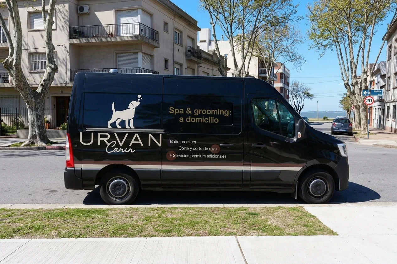 Van de Urvan Canin estacionada en una calle de Malvín: baño de perros a domicilio