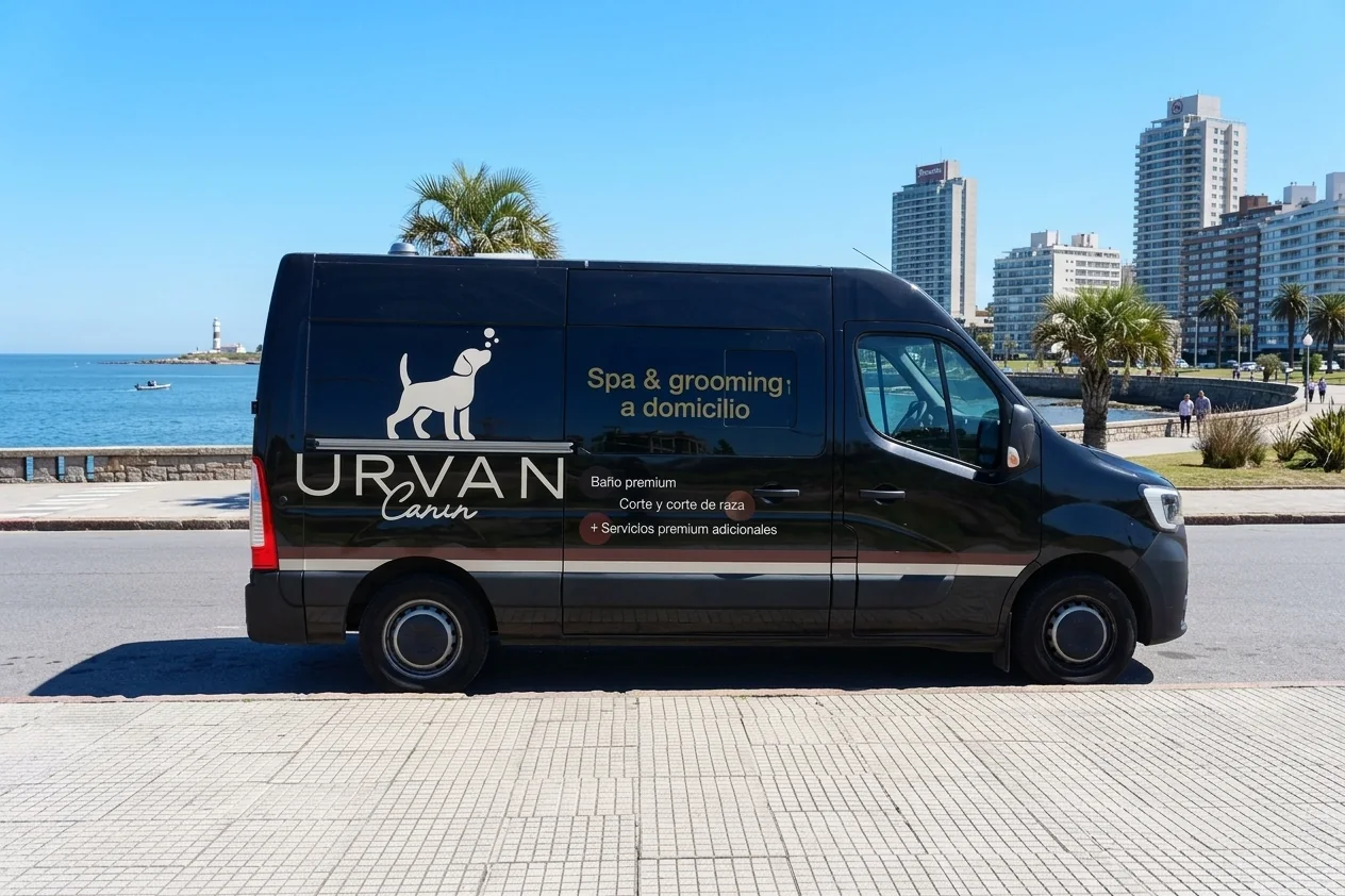 Van de Urvan Canin estacionada en la rambla de Montevideo: baño de perros a domicilio
